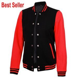 Fleece Varsity Bomber Jacket with Pockets, Button Closure, Customizable